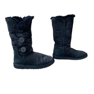 UGG AUSTRALIA Bailey Button Boots Womens 7 38 Black Shearling Tall Boot VGUC